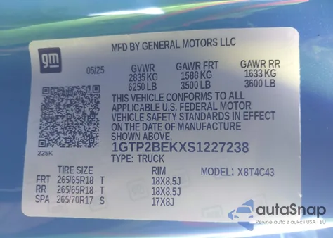 2025 GMC Canyon 4Wd Elevation from USA, damaged, VIN 1GTP2BEKXS1227238